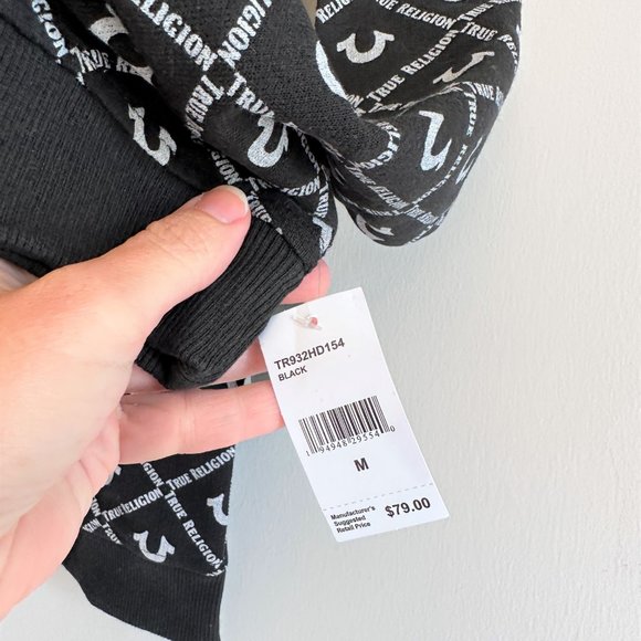 True Religion New Black & White Logo-Print Full Zip-Up Hoodie Youth MEDIUM - Picture 3 of 9